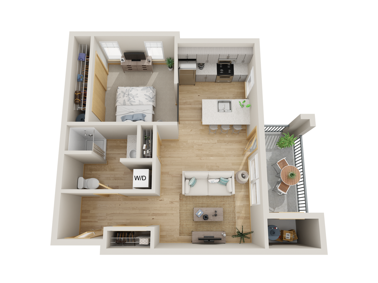Floor plan for 1 bed, 1 bath, 633 sqft
